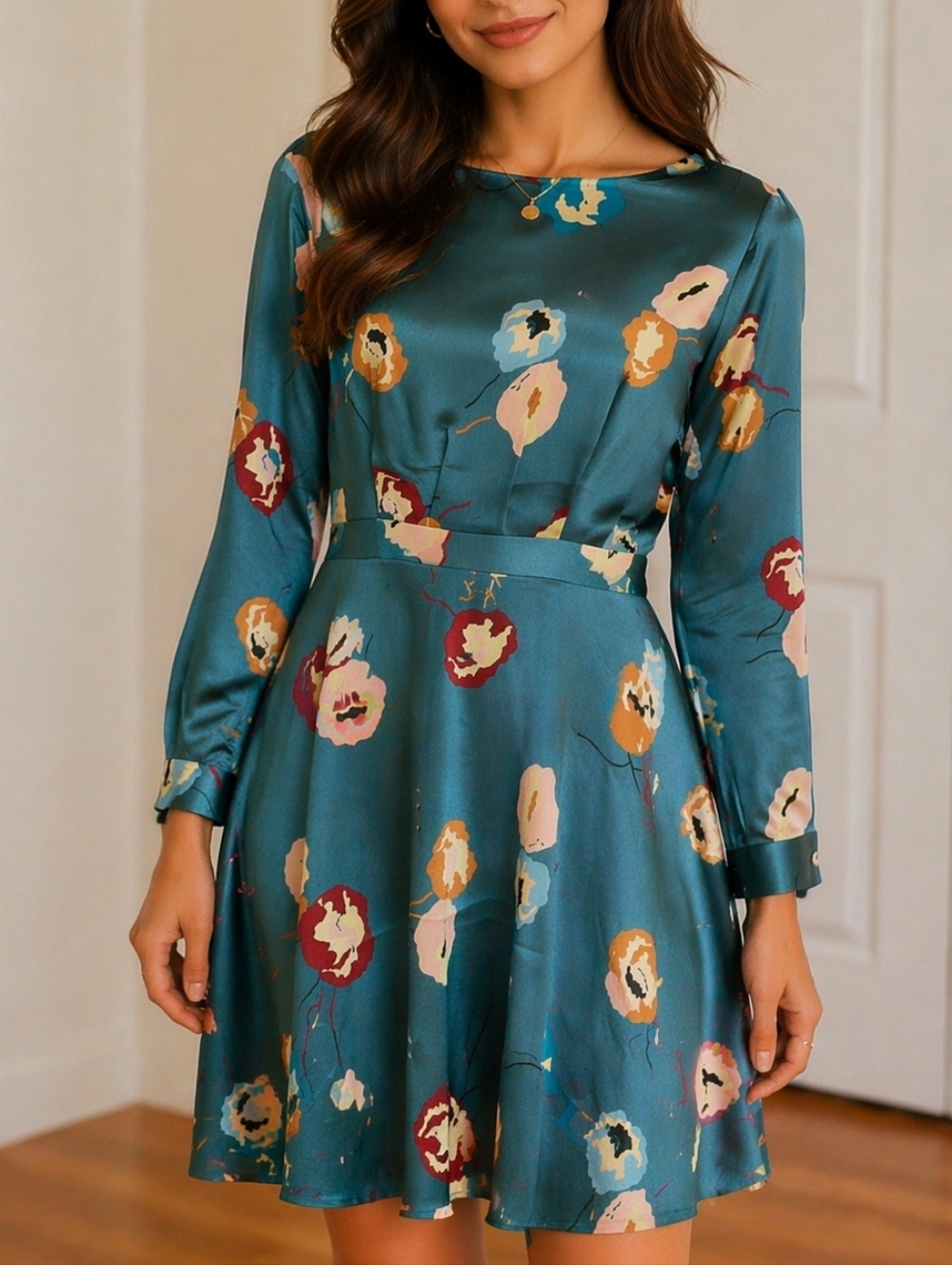 NWT FRNCH Paris Adila Floral Satin Dress Teal Midi A-Line Long Sleeve French